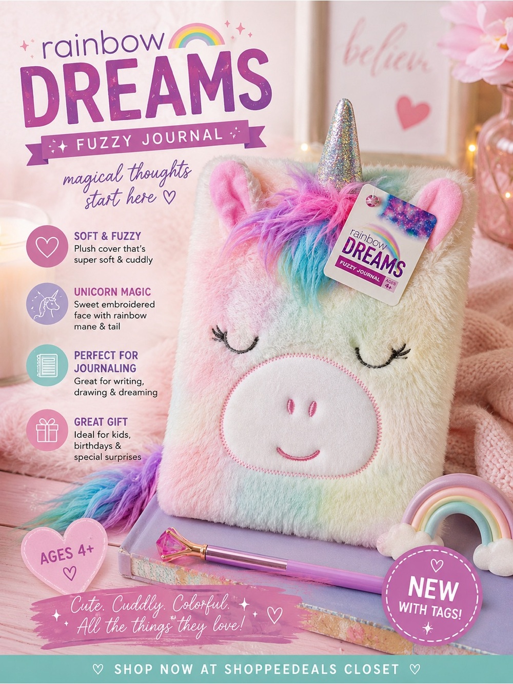Rainbow Dreams Unicorn Fuzzy Journal Plush Diary